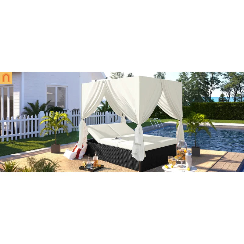 Chaise Lounge Double Daybed Steel HDPE Beige Curtain 6 Position 2 Person