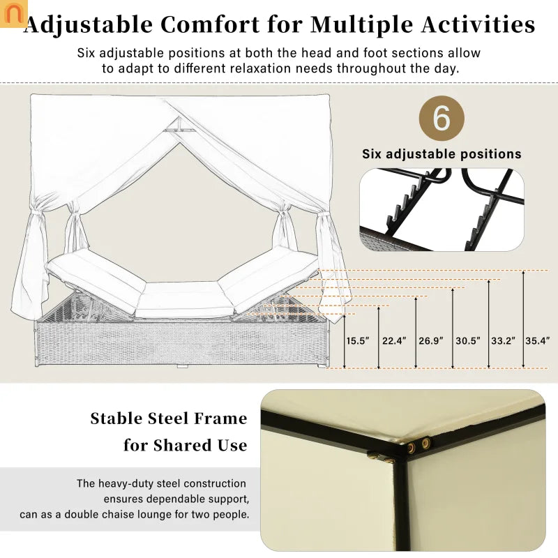 Chaise Lounge Double Daybed Steel HDPE Beige Curtain 6 Position 2 Person