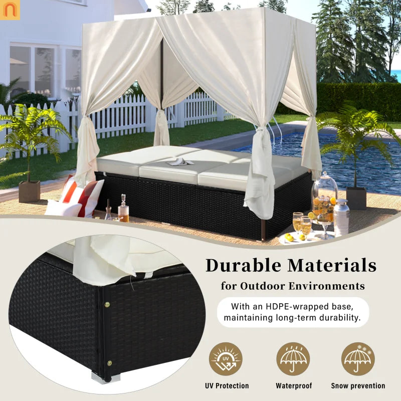 Chaise Lounge Double Daybed Steel HDPE Beige Curtain 6 Position 2 Person