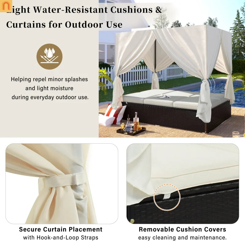 Chaise Lounge Double Daybed Steel HDPE Beige Curtain 6 Position 2 Person