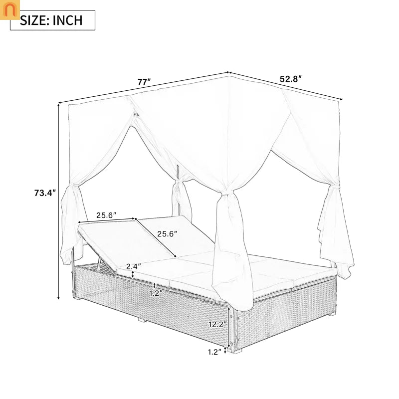 Chaise Lounge Double Daybed Steel HDPE Beige Curtain 6 Position 2 Person