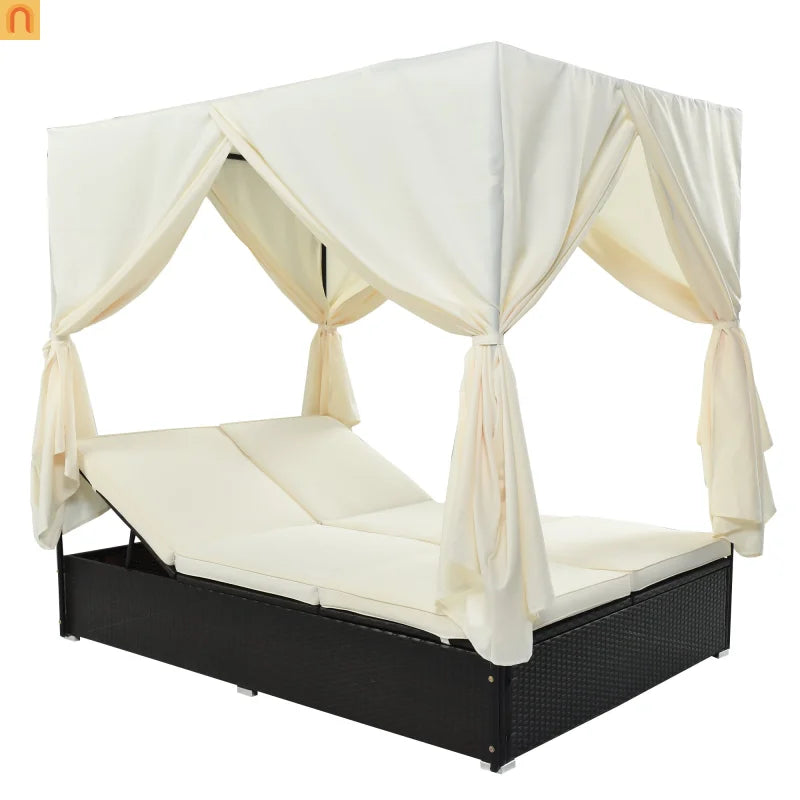 Chaise Lounge Double Daybed Steel HDPE Beige Curtain 6 Position 2 Person