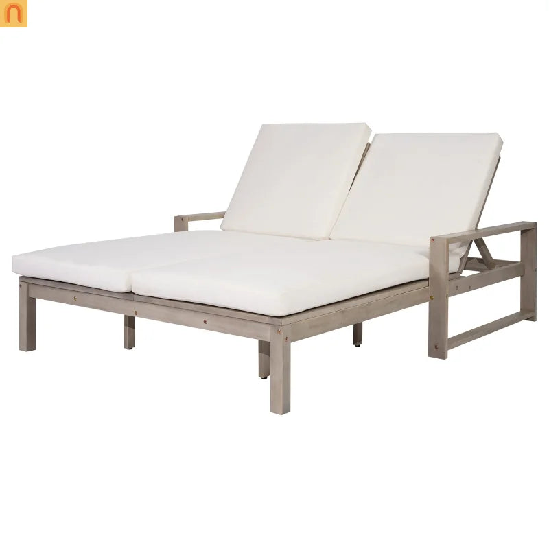 Outdoor Double Lounge Chair Solid Wood Gray 5 Position Adjustable 800 LB