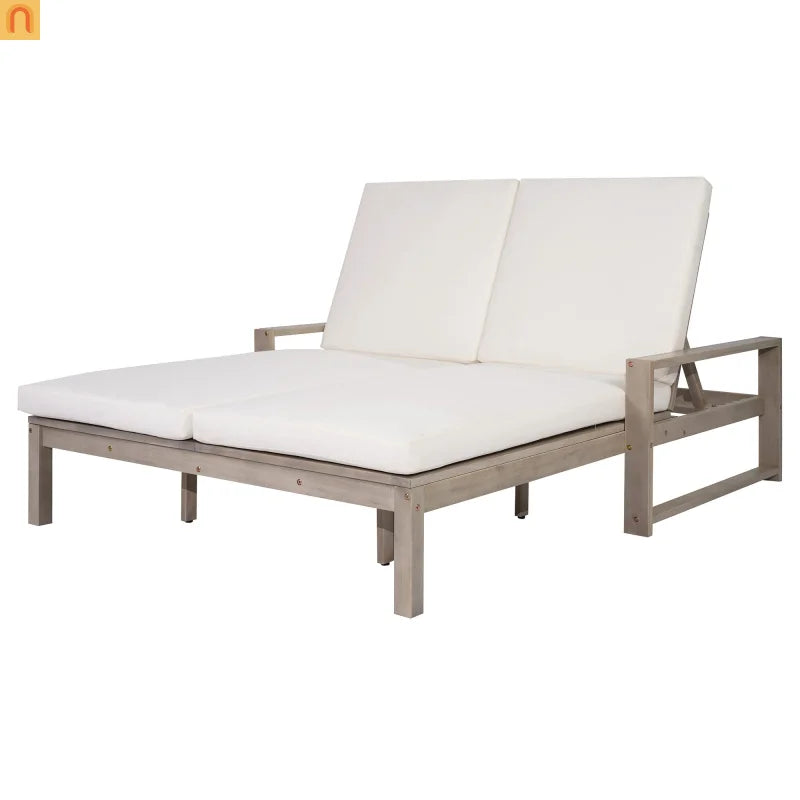 Outdoor Double Lounge Chair Solid Wood Gray 5 Position Adjustable 800 LB