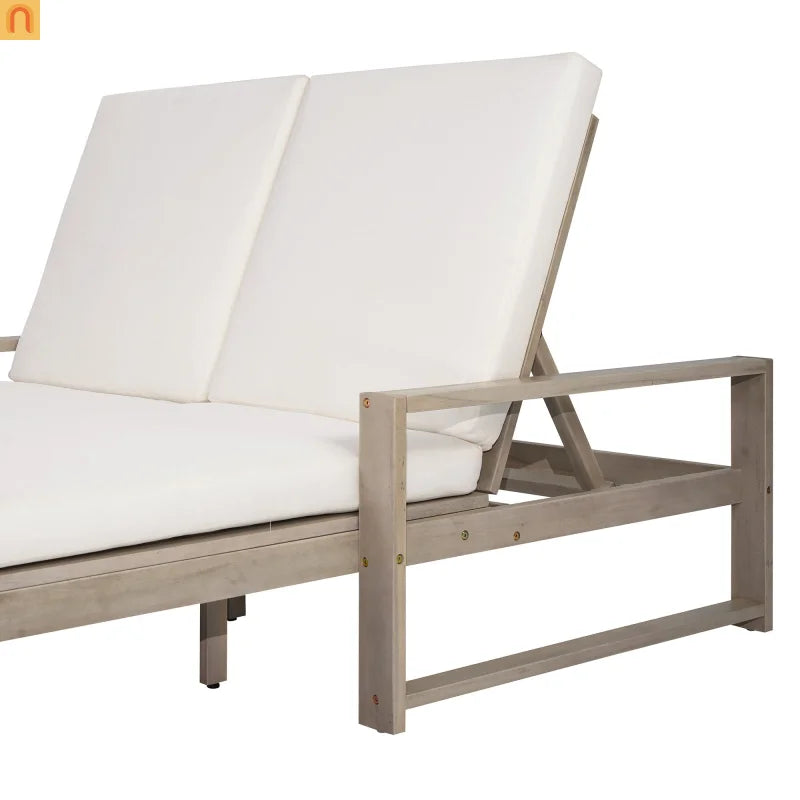 Outdoor Double Lounge Chair Solid Wood Gray 5 Position Adjustable 800 LB