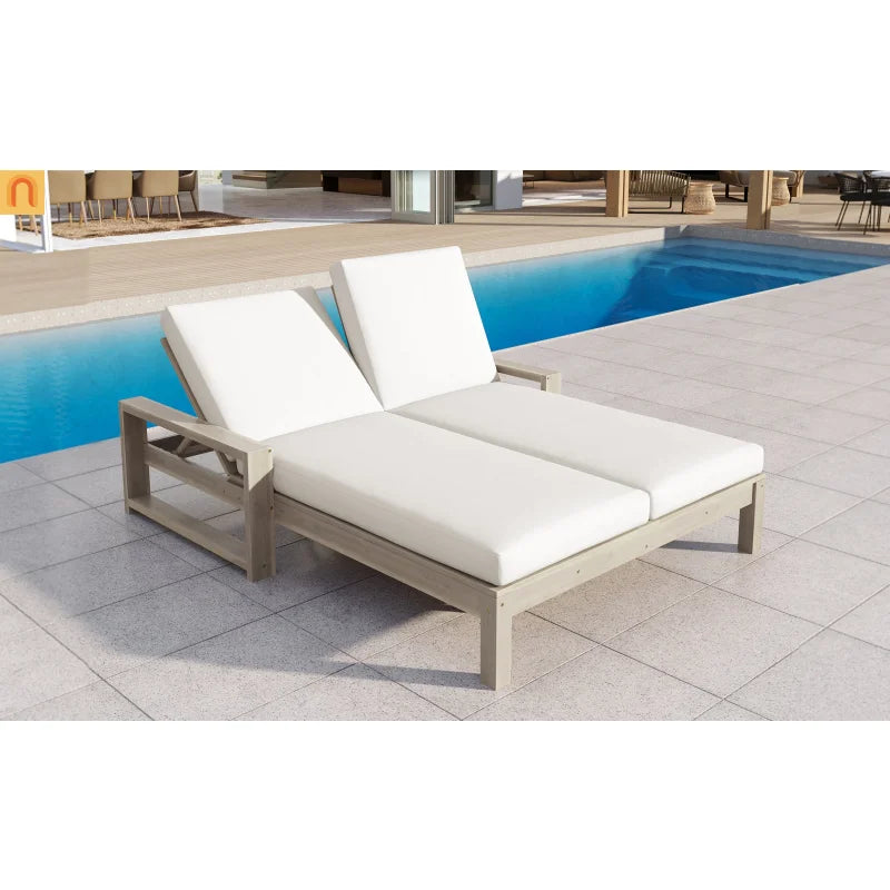 Outdoor Double Lounge Chair Solid Wood Gray 5 Position Adjustable 800 LB