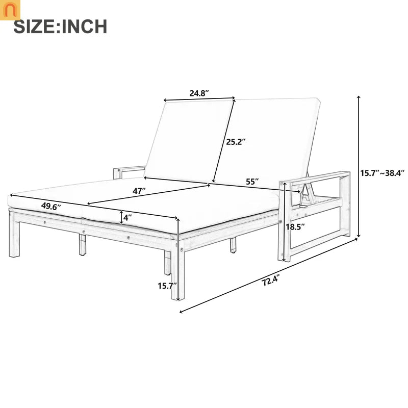 Outdoor Double Lounge Chair Solid Wood Gray 5 Position Adjustable 800 LB