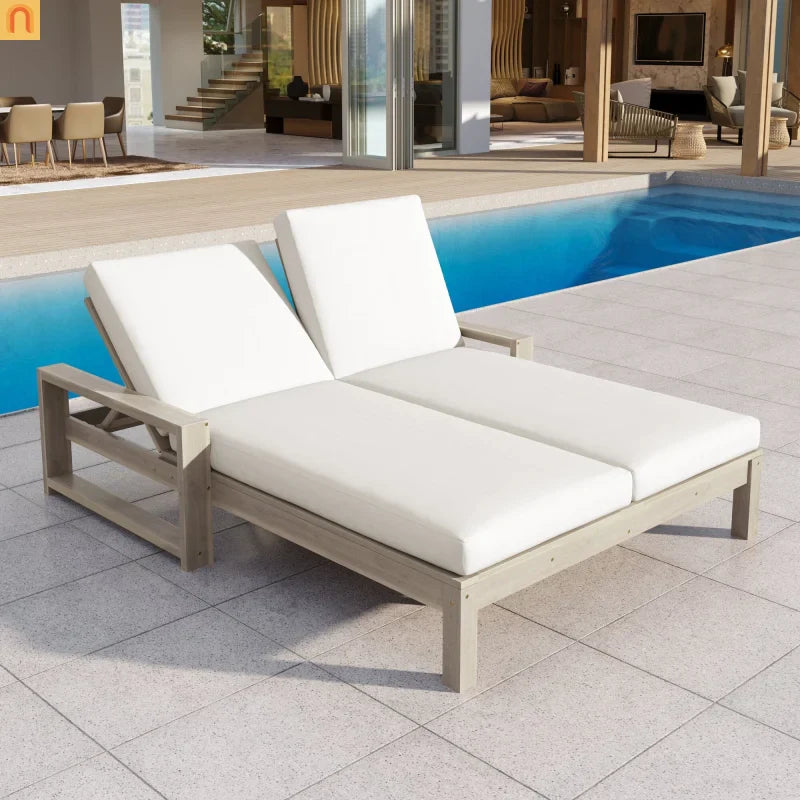 Outdoor Double Lounge Chair Solid Wood Gray 5 Position Adjustable 800 LB