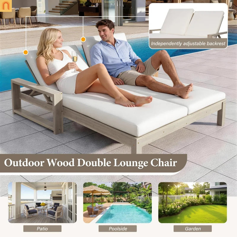 Outdoor Double Lounge Chair Solid Wood Gray 5 Position Adjustable 800 LB