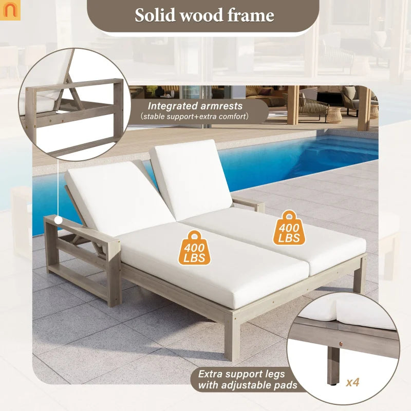 Outdoor Double Lounge Chair Solid Wood Gray 5 Position Adjustable 800 LB
