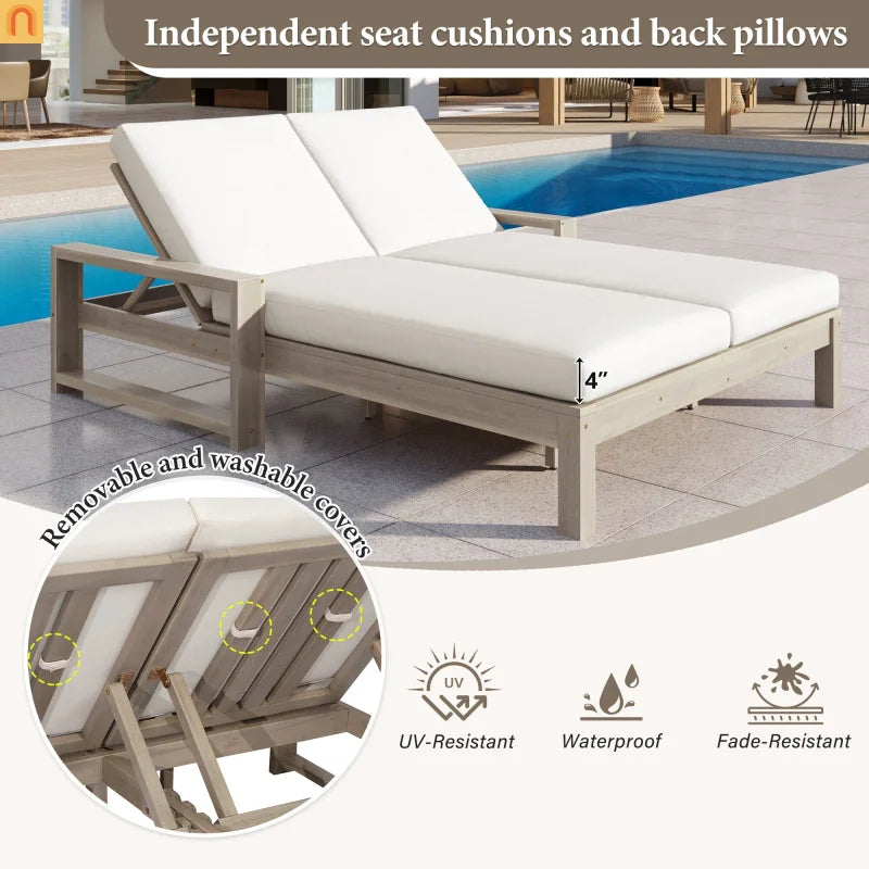 Outdoor Double Lounge Chair Solid Wood Gray 5 Position Adjustable 800 LB