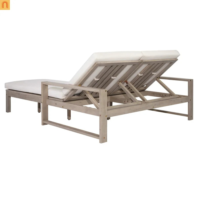 Outdoor Double Lounge Chair Solid Wood Gray 5 Position Adjustable 800 LB