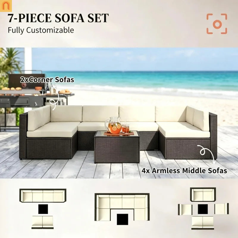Outdoor Sectional Set PE Rattan Metal Cream Black 7 Piece Seats 6 264 LB