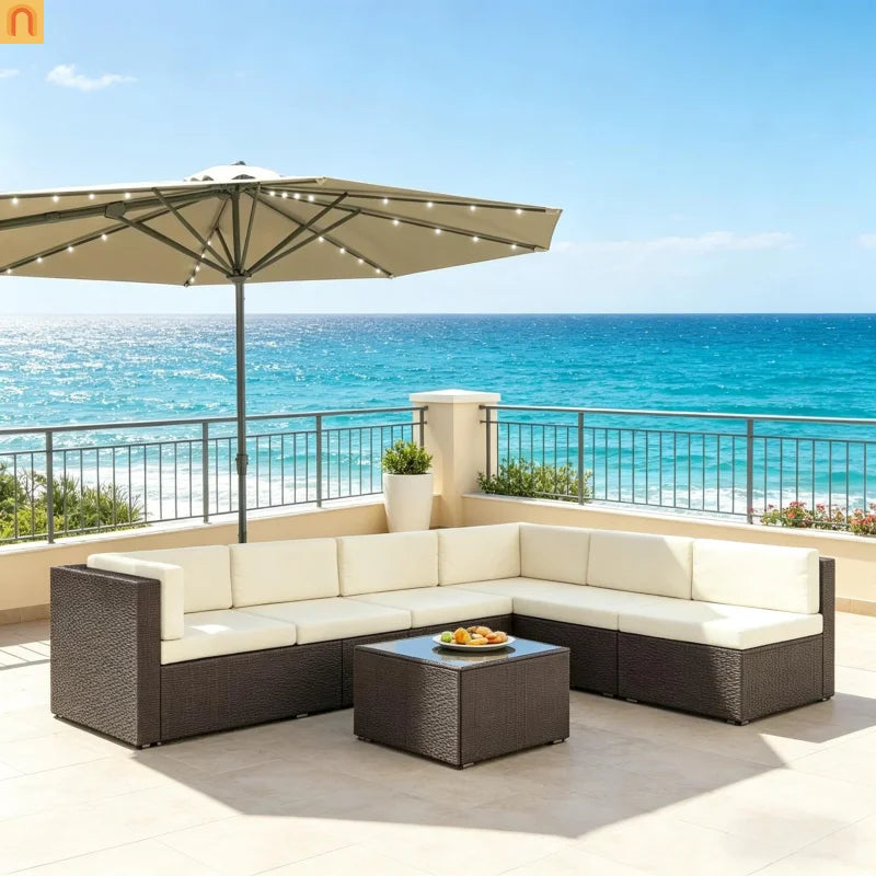 Outdoor Sectional Set PE Rattan Metal Cream Black 7 Piece Seats 6 264 LB