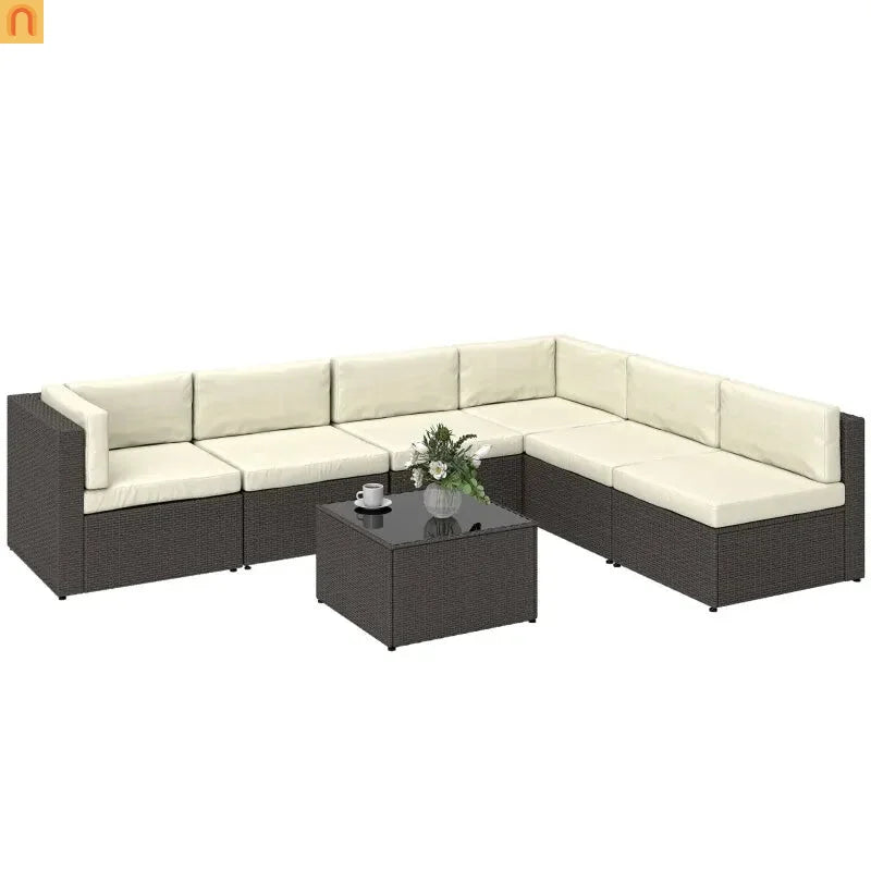 Outdoor Sectional Set PE Rattan Metal Cream Black 7 Piece Seats 6 264 LB