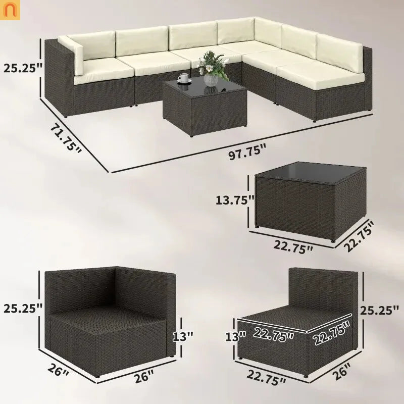Outdoor Sectional Set PE Rattan Metal Cream Black 7 Piece Seats 6 264 LB