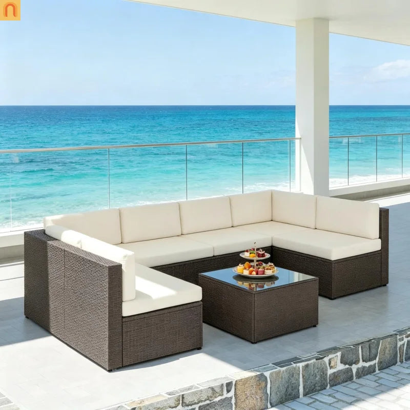 Outdoor Sectional Set PE Rattan Metal Cream Black 7 Piece Seats 6 264 LB