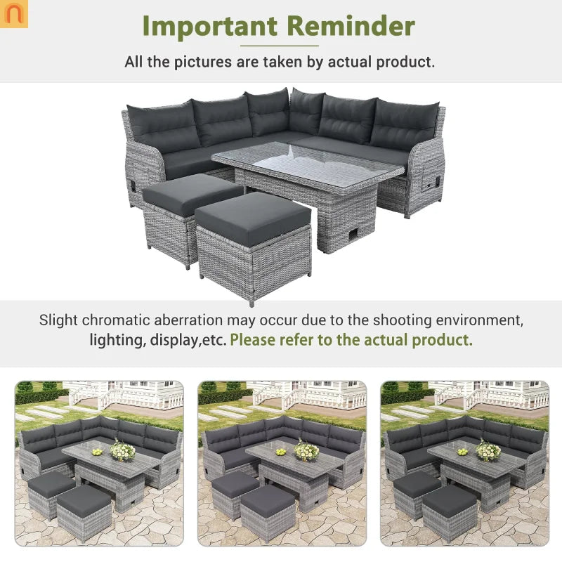 Outdoor Patio Set Rattan Iron Gray Recliner Adjustable Table 6 Piece