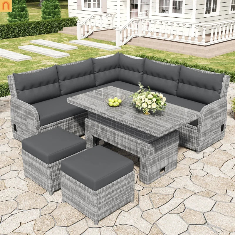 Outdoor Patio Set Rattan Iron Gray Recliner Adjustable Table 6 Piece