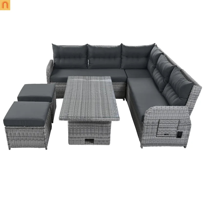 Outdoor Patio Set Rattan Iron Gray Recliner Adjustable Table 6 Piece