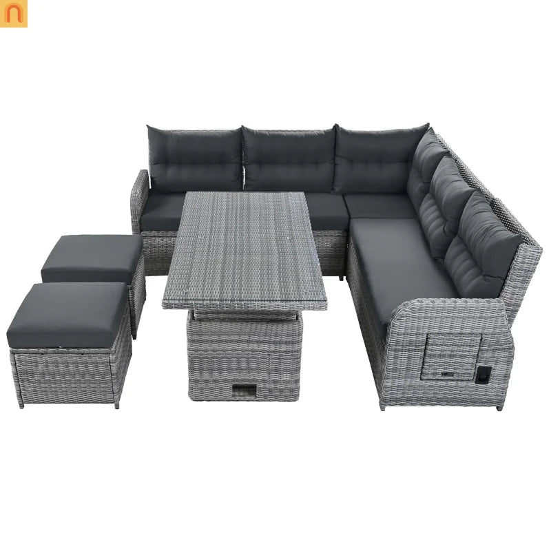 Outdoor Patio Set Rattan Iron Gray Recliner Adjustable Table 6 Piece