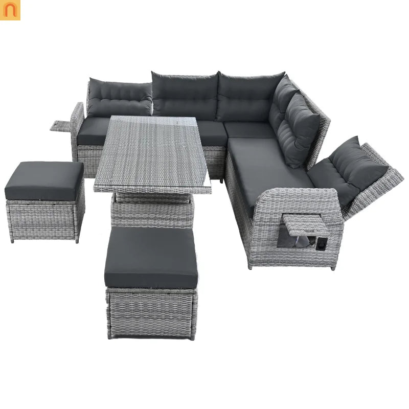 Outdoor Patio Set Rattan Iron Gray Recliner Adjustable Table 6 Piece