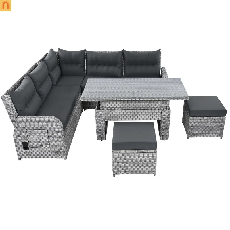 Outdoor Patio Set Rattan Iron Gray Recliner Adjustable Table 6 Piece