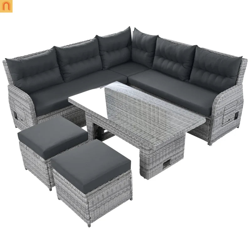 Outdoor Patio Set Rattan Iron Gray Recliner Adjustable Table 6 Piece