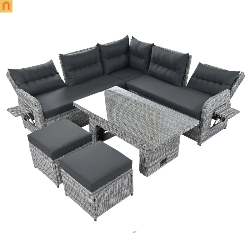 Outdoor Patio Set Rattan Iron Gray Recliner Adjustable Table 6 Piece