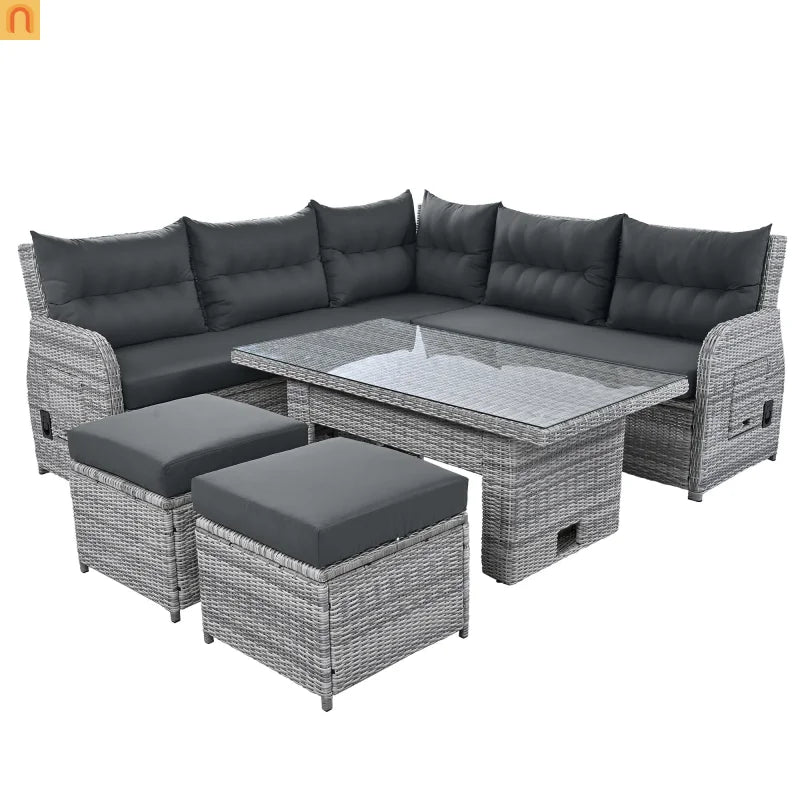 Outdoor Patio Set Rattan Iron Gray Recliner Adjustable Table 6 Piece