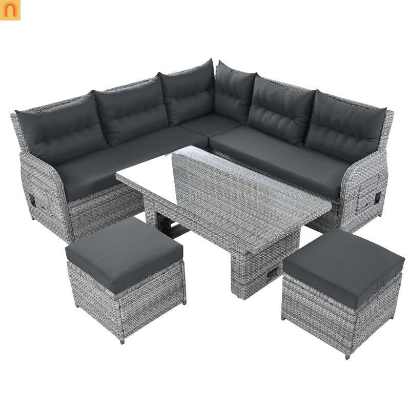 Outdoor Patio Set Rattan Iron Gray Recliner Adjustable Table 6 Piece