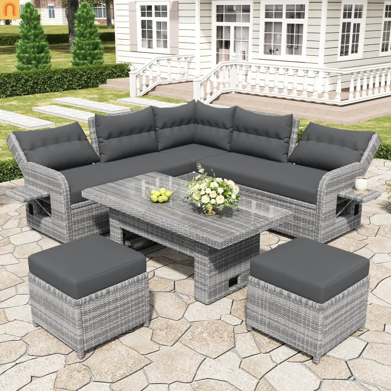 Outdoor Patio Set Rattan Iron Gray Recliner Adjustable Table 6 Piece