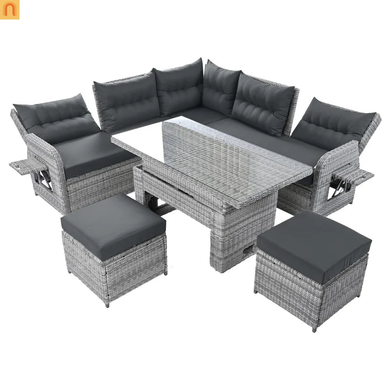 Outdoor Patio Set Rattan Iron Gray Recliner Adjustable Table 6 Piece