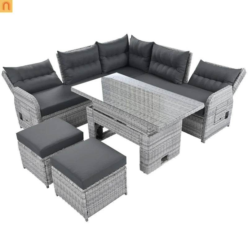 Outdoor Patio Set Rattan Iron Gray Recliner Adjustable Table 6 Piece