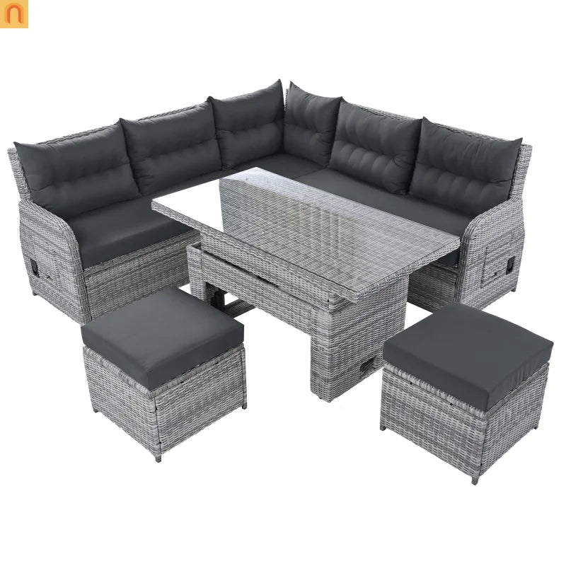 Outdoor Patio Set Rattan Iron Gray Recliner Adjustable Table 6 Piece