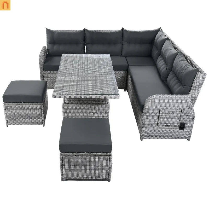 Outdoor Patio Set Rattan Iron Gray Recliner Adjustable Table 6 Piece