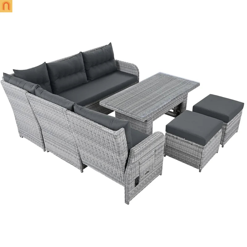 Outdoor Patio Set Rattan Iron Gray Recliner Adjustable Table 6 Piece