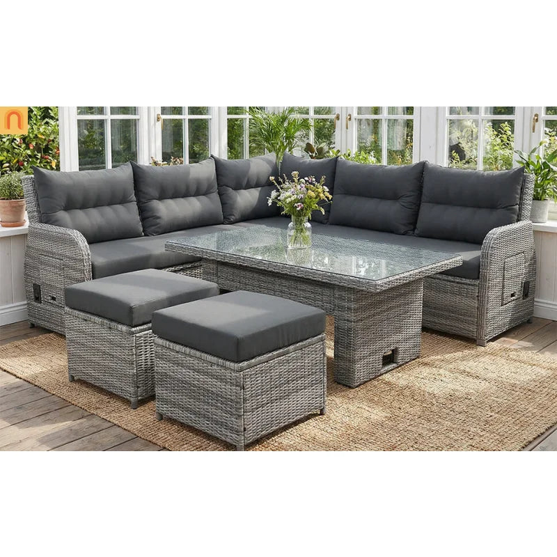 Outdoor Patio Set Rattan Iron Gray Recliner Adjustable Table 6 Piece