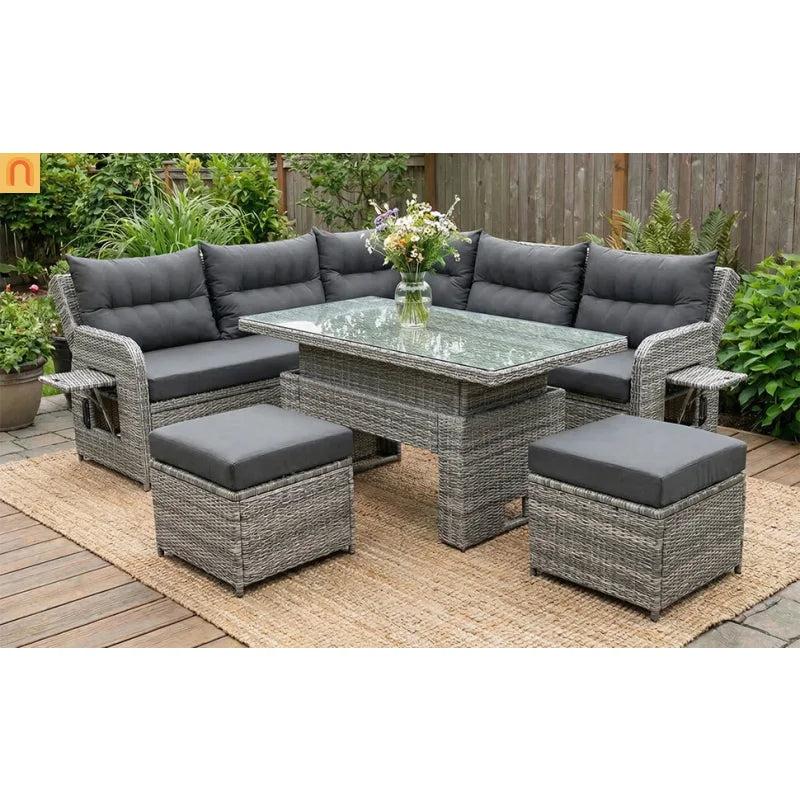 Outdoor Patio Set Rattan Iron Gray Recliner Adjustable Table 6 Piece