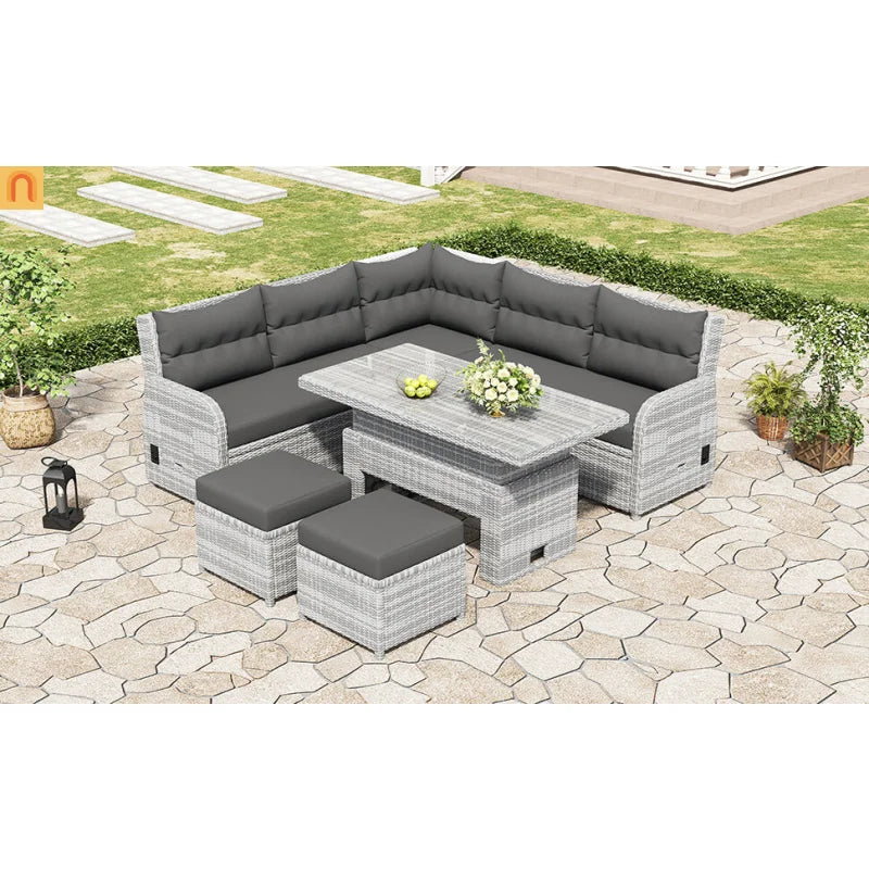 Outdoor Patio Set Rattan Iron Gray Recliner Adjustable Table 6 Piece
