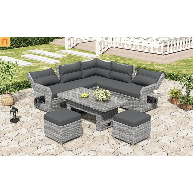 Outdoor Patio Set Rattan Iron Gray Recliner Adjustable Table 6 Piece