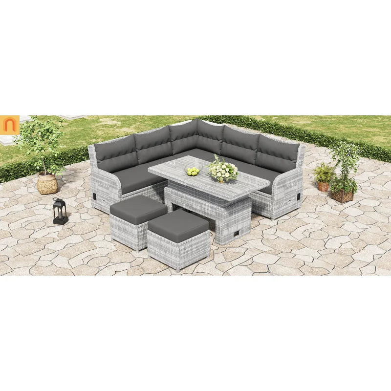 Outdoor Patio Set Rattan Iron Gray Recliner Adjustable Table 6 Piece