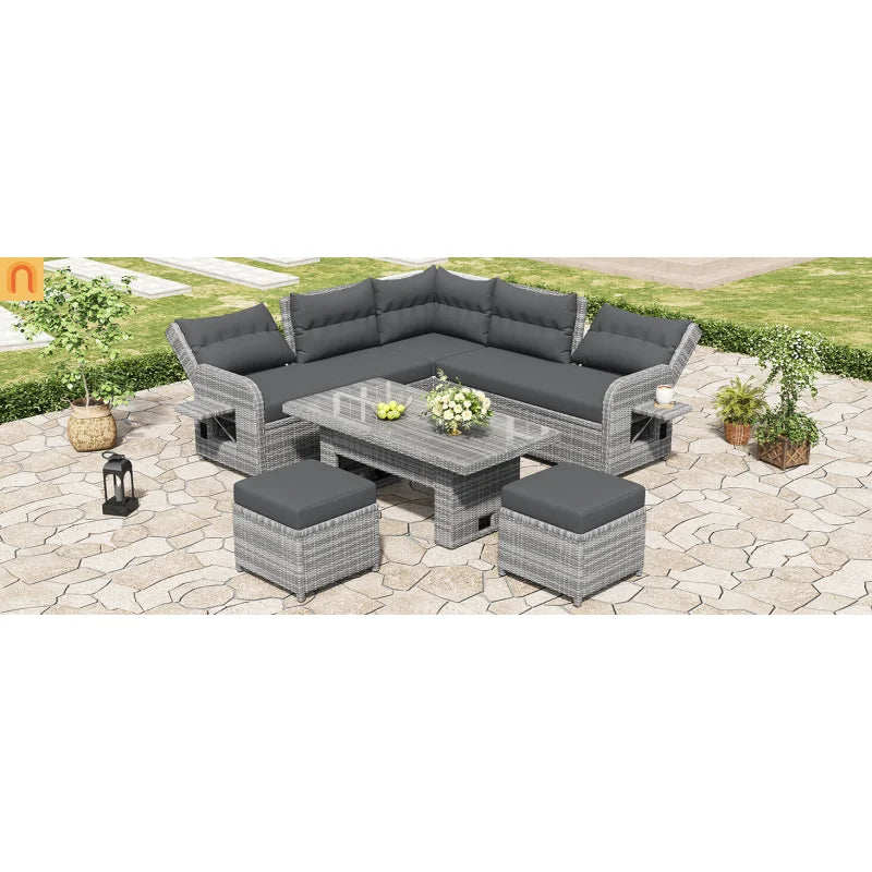 Outdoor Patio Set Rattan Iron Gray Recliner Adjustable Table 6 Piece