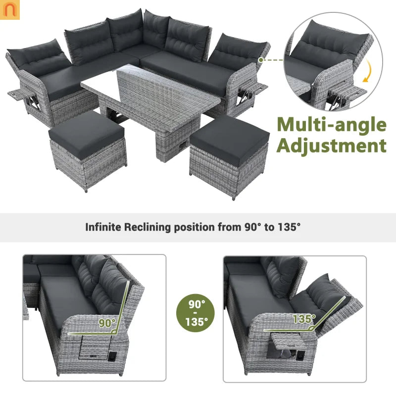 Outdoor Patio Set Rattan Iron Gray Recliner Adjustable Table 6 Piece