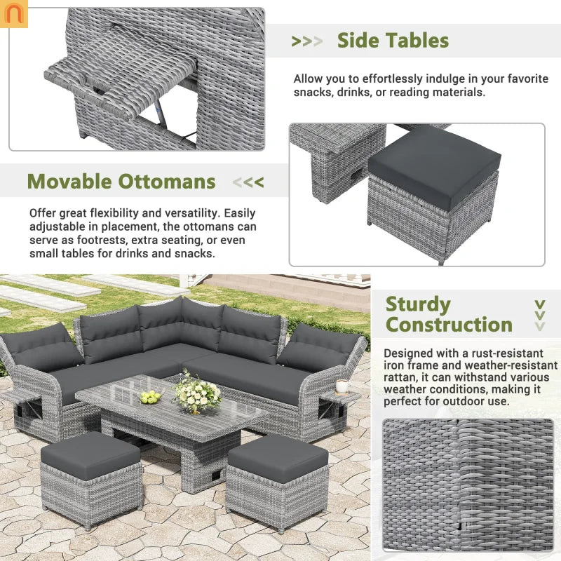Outdoor Patio Set Rattan Iron Gray Recliner Adjustable Table 6 Piece