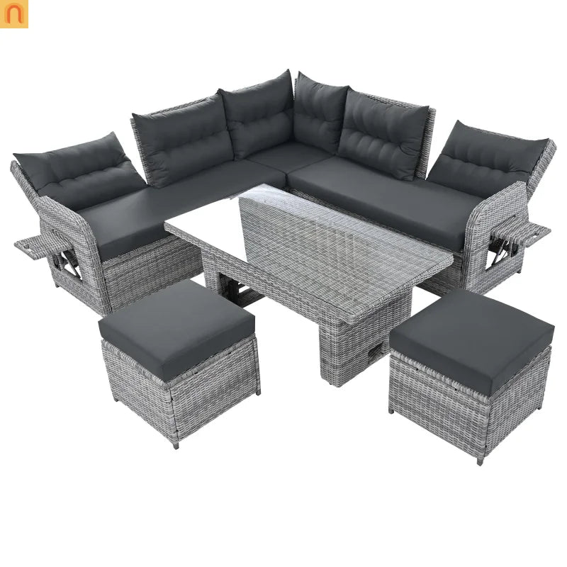 Outdoor Patio Set Rattan Iron Gray Recliner Adjustable Table 6 Piece
