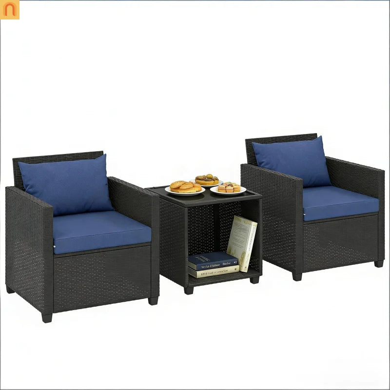 Outdoor Bistro Set PE Rattan 3 Piece 264 lb Cap Tempered Glass Table