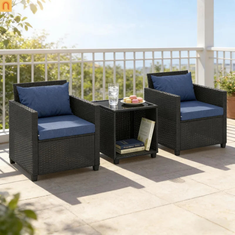 Outdoor Bistro Set PE Rattan 3 Piece 264 lb Cap Tempered Glass Table