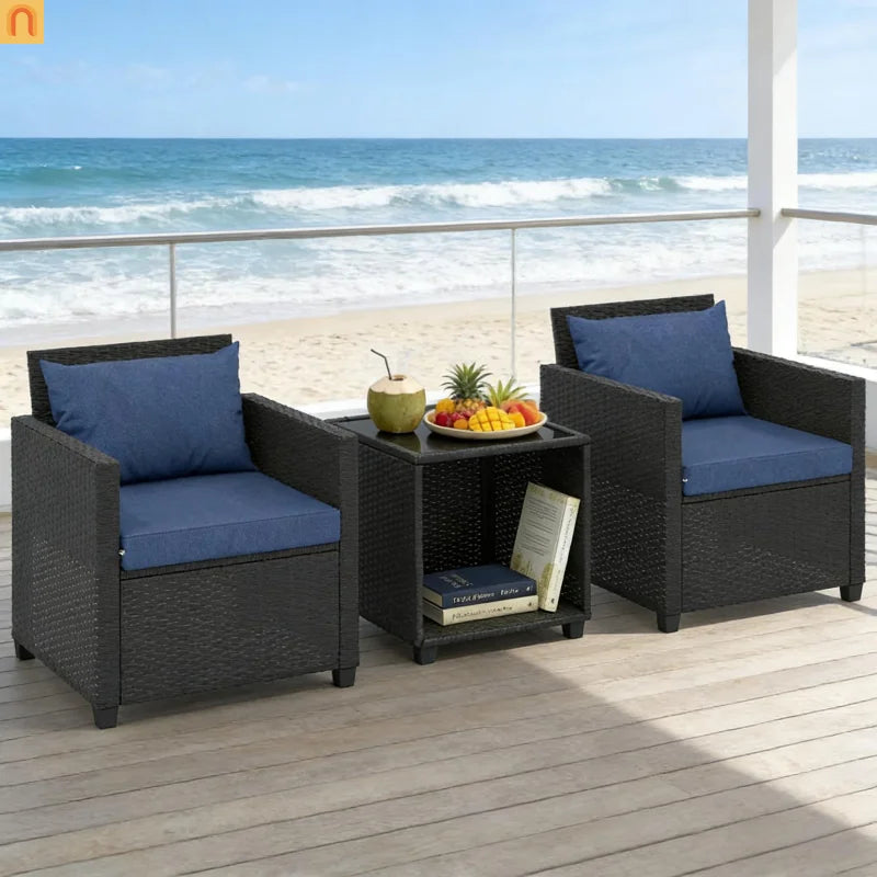 Outdoor Bistro Set PE Rattan 3 Piece 264 lb Cap Tempered Glass Table