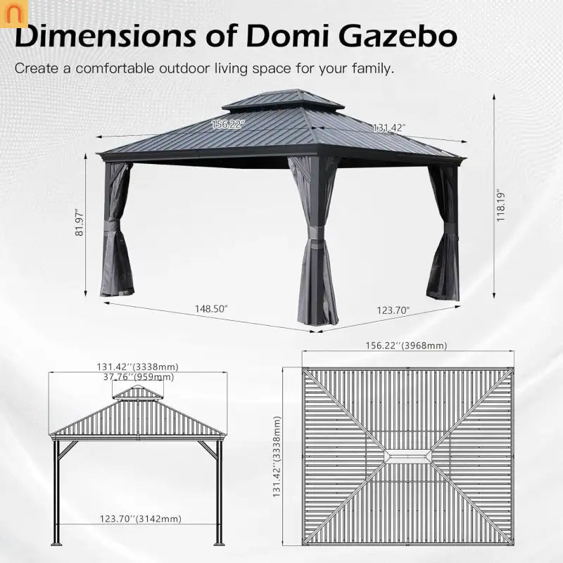 Hardtop Gazebo Steel Gray 11x13ft Curtains Netting 40MPH